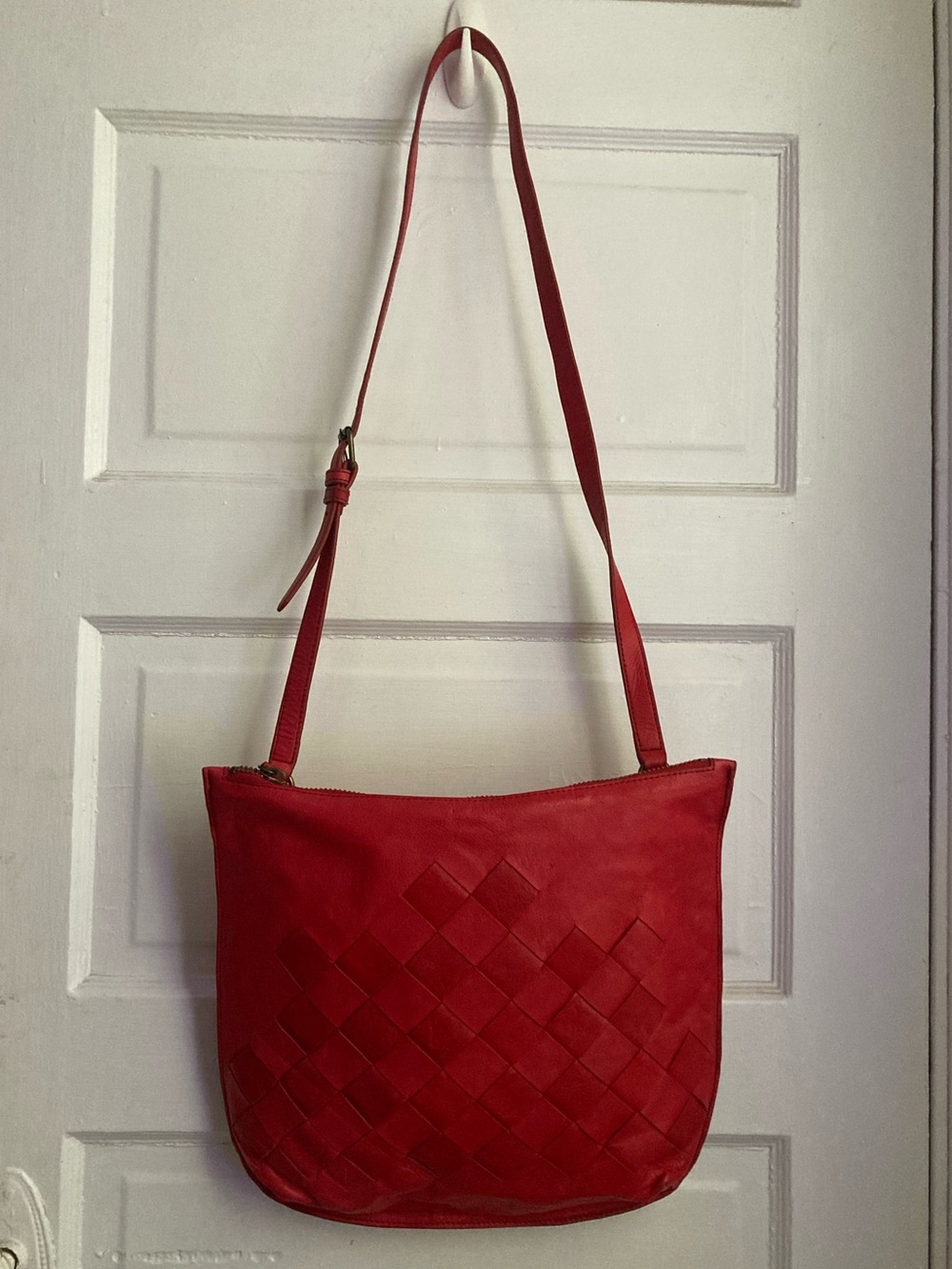 Vintage Red Woven Leather Crossbody Tote